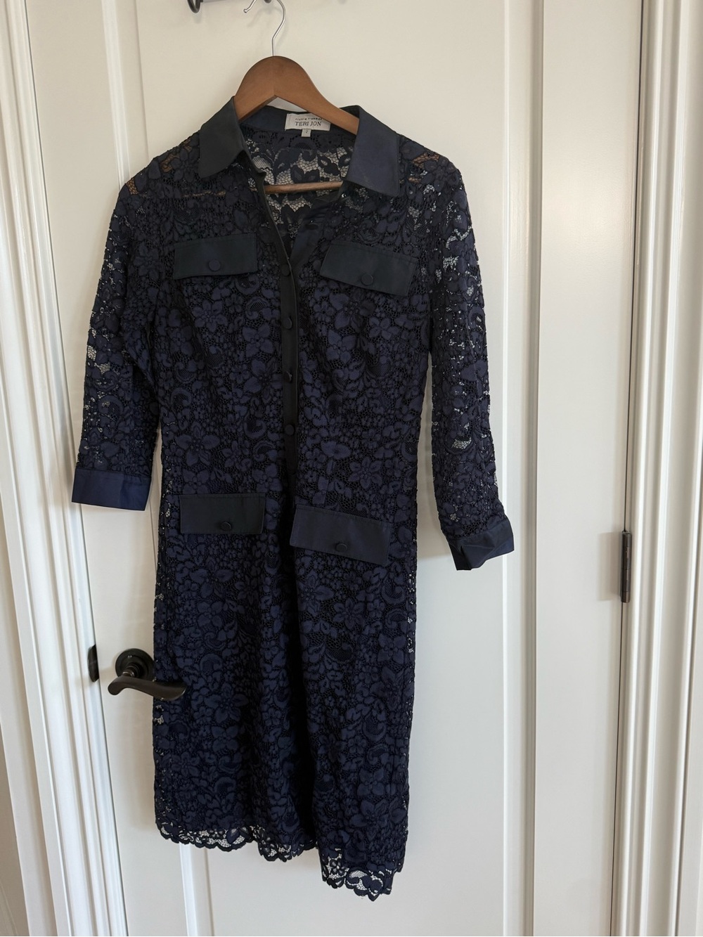 Teri Jon Navy Lace Shirt Dress with Collar
